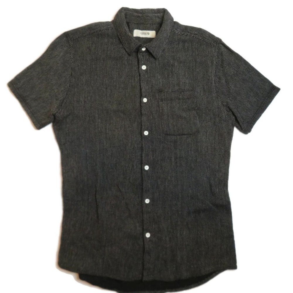 !Solid Denmark Button Up Shirt Mens‎ Large Short Sleeve Black Polka Dot Soft